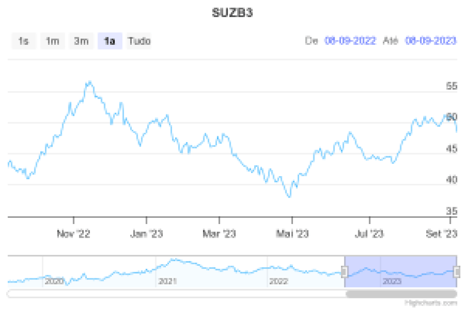 Suzano (SUZB3): ações fecham em queda de mais de 2% após rebaixamento por Morgan Stanley